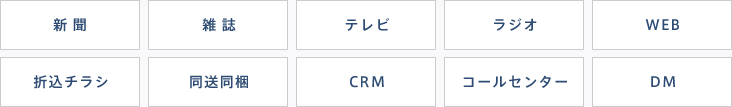 新聞、雑誌、テレビ、ラジオ、WEB、折込チラシ、同送同梱、CRM、コールセンター、DM